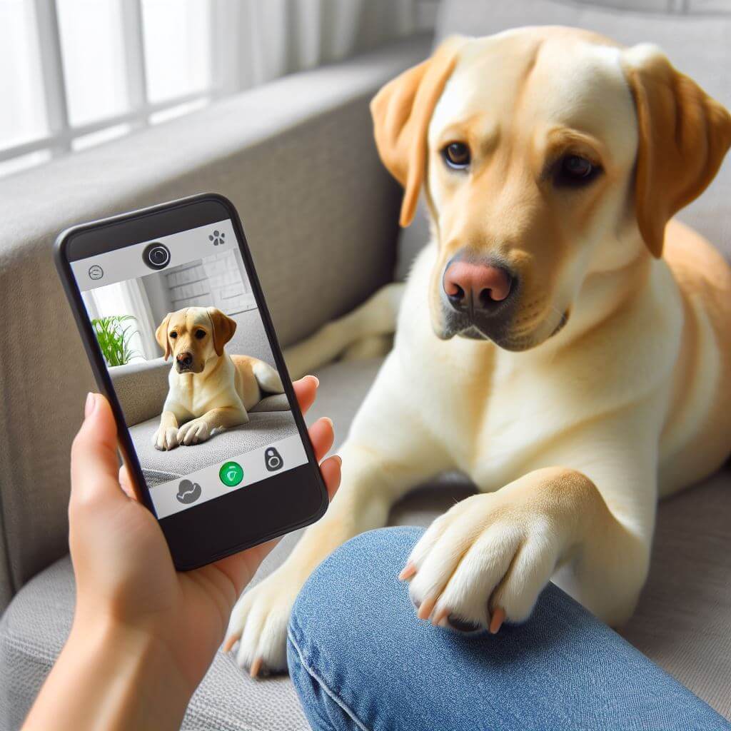 A Labrador dog watching at dog camera