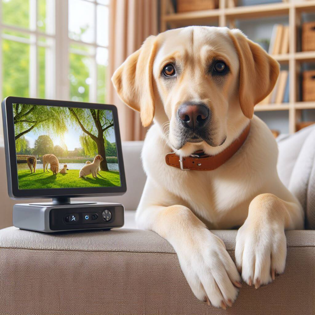 A Labrador dog watching at dog monitor